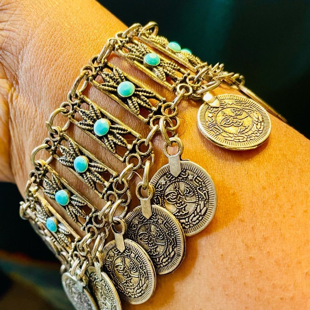 Bohemian Turquoise and Silver Tone Coin Bracelet. Tribal. 8 inch 3 1/2 extender